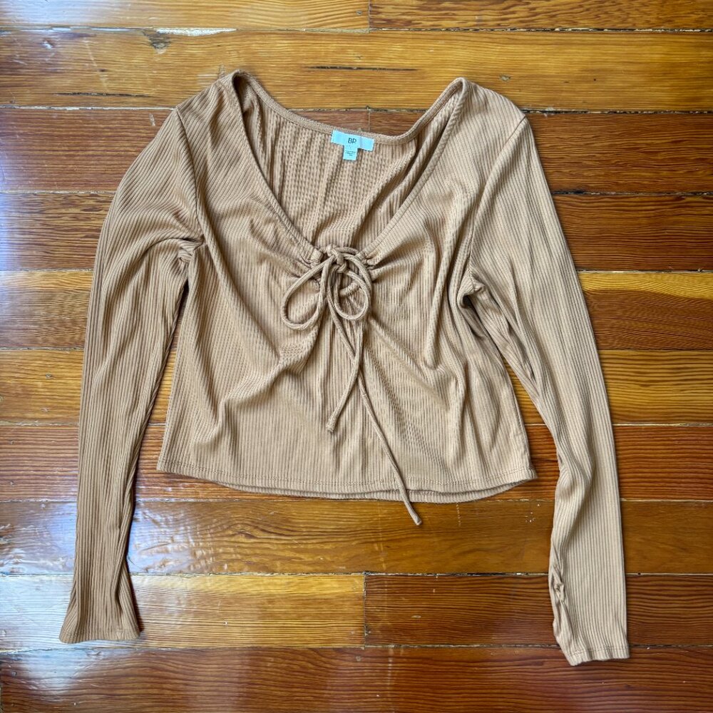 BP Nordstrom Boho Minimalist Keyhole Brown Long Sleeve Knit Crop Top LARGE